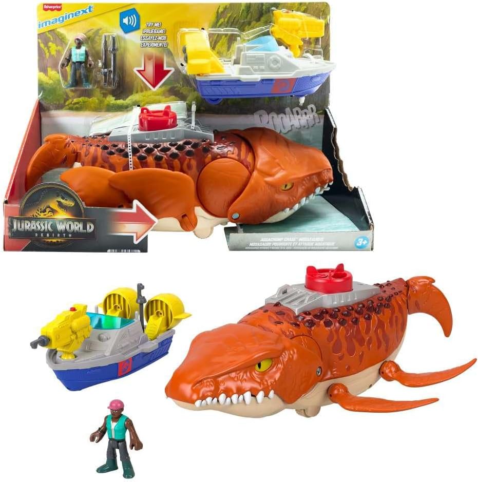 Fisher-Price Imaginext Jurassic World Rebirth Aquachomp Chase Mosasaurus Playset with Boat and Action Figure
