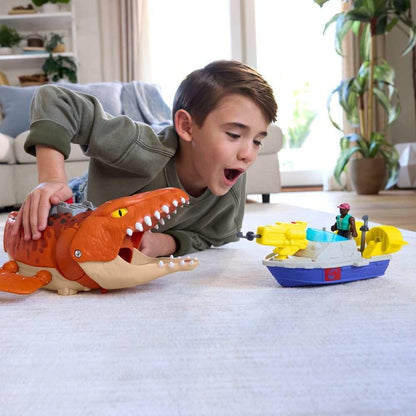 Fisher-Price Imaginext Jurassic World Rebirth Aquachomp Chase Mosasaurus Playset with Boat and Action Figure