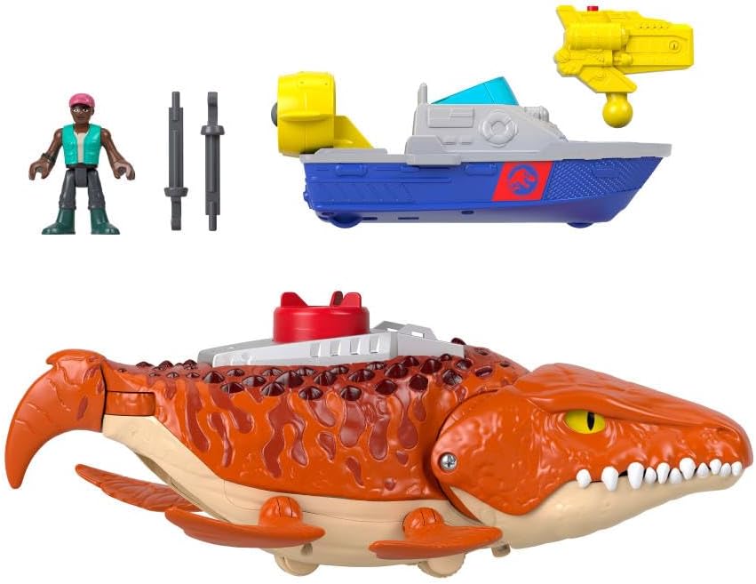 Fisher-Price Imaginext Jurassic World Rebirth Aquachomp Chase Mosasaurus Playset with Boat and Action Figure