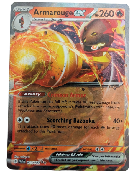 Front of Armarouge ex Pokémon card 027/182 from the Paradox Rift expansion, featuring Armarouge ex in full-art artwork.