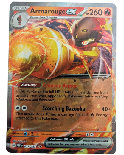 Front of Armarouge ex Pokémon card 027/182 from the Paradox Rift expansion, featuring Armarouge ex in full-art artwork.