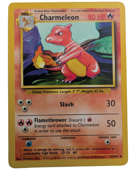 Front of Charmeleon Pokémon card 24/102 from the Base Set Unlimited expansion.