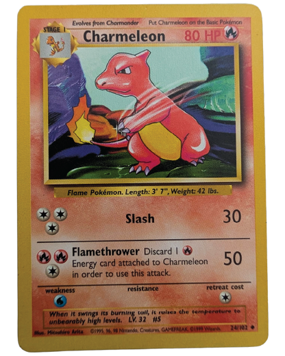 Front of Charmeleon Pokémon card 24/102 from the Base Set Unlimited expansion.