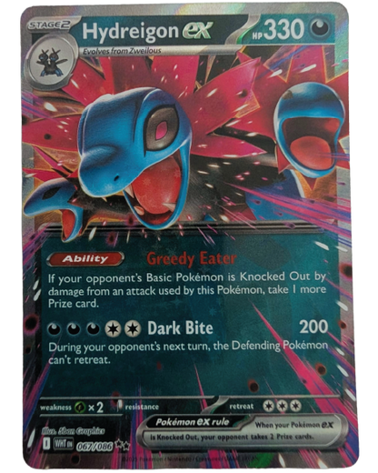 Front of Hydreigon ex Pokémon card 067/086 from the White Flare expansion, featuring Hydreigon ex in full-art artwork.