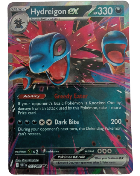 Front of Hydreigon ex Pokémon card 067/086 from the White Flare expansion, featuring Hydreigon ex in full-art artwork.