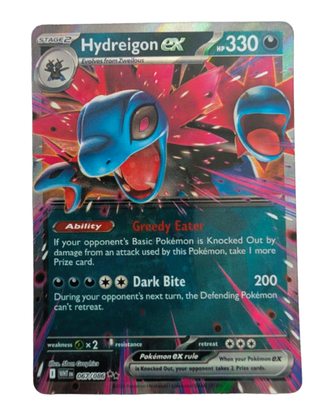 Front of Hydreigon ex Pokémon card 067/086 from the White Flare expansion, featuring Hydreigon ex in full-art artwork.