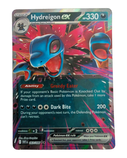 Front of Hydreigon ex Pokémon card 067/086 from the White Flare expansion, featuring Hydreigon ex in full-art artwork.