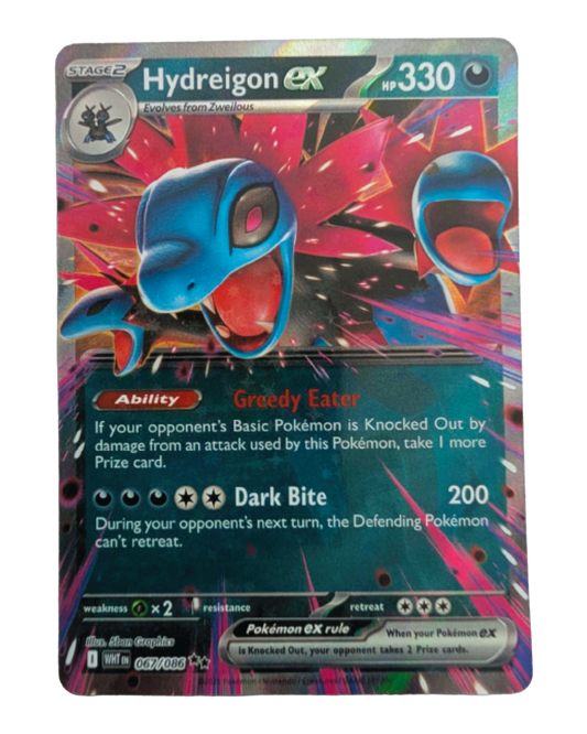 Front of Hydreigon ex Pokémon card 067/086 from the White Flare expansion, featuring Hydreigon ex in full-art artwork.