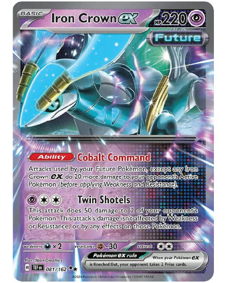 Front of Iron Crown ex jumbo Pokémon card from the Scarlet & Violet Pokémon TCG, featuring the Paradox Pokémon in full-colour artwork.
