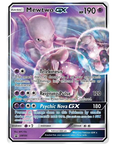 Front of Mewtwo GX jumbo Pokémon card from the Sun & Moon Pokémon TCG, featuring Mewtwo in full-colour GX artwork.