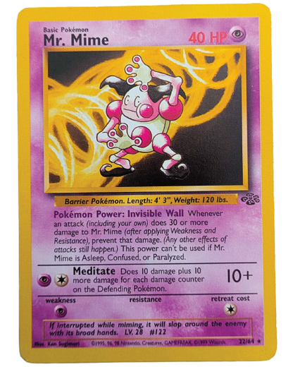 Front of Mr. Mime Pokémon card 22/64 from the Jungle Unlimited expansion.