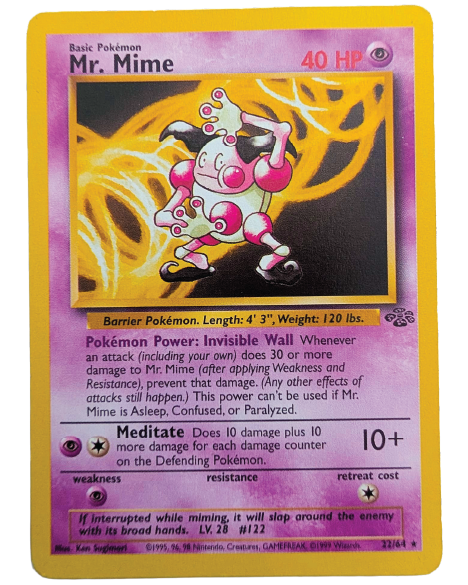 Front of Mr. Mime Pokémon card 22/64 from the Jungle Unlimited expansion.