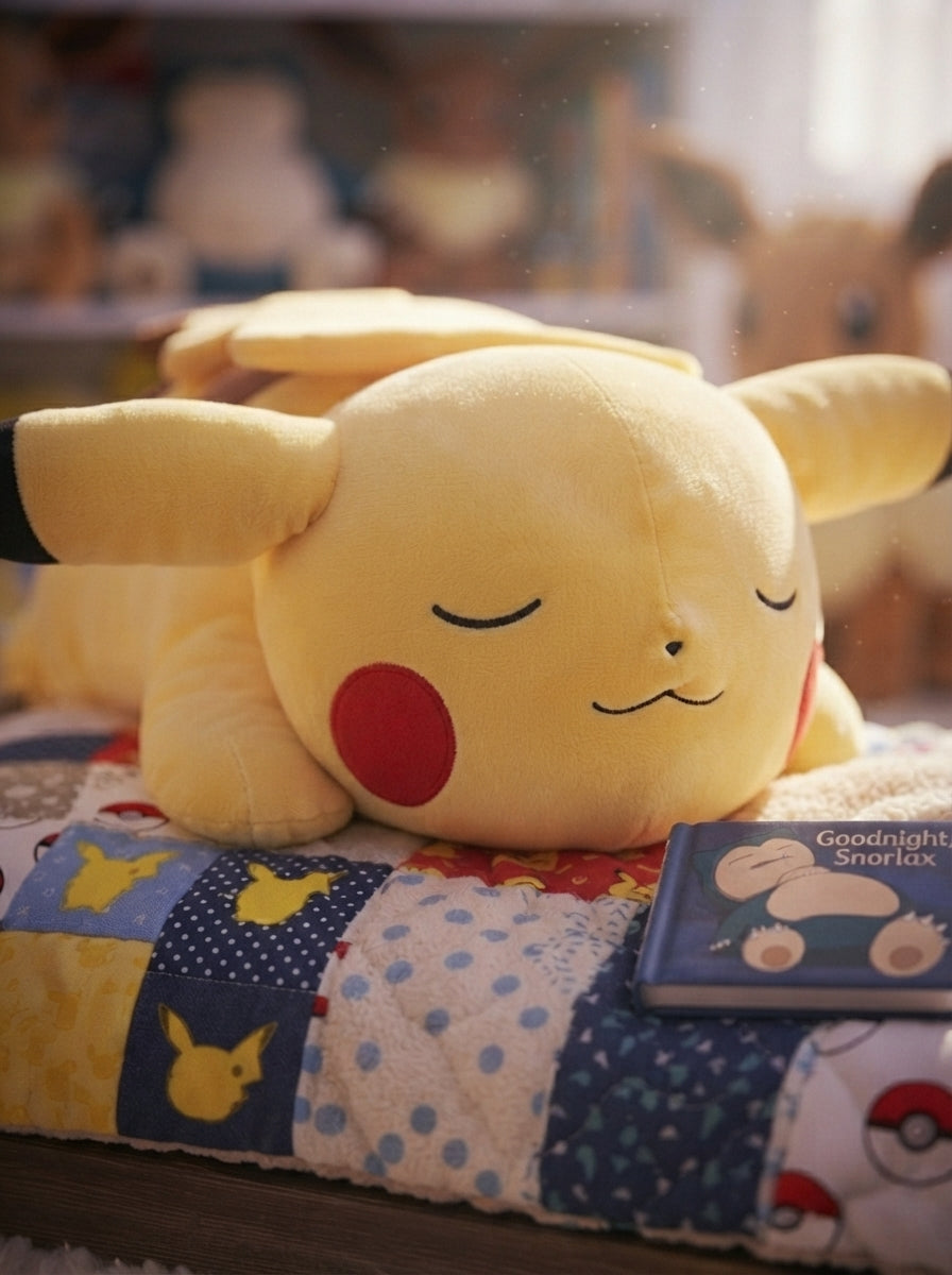 Official Pokémon Sleeping Pikachu 18-inch plush in a cosy bedroom display