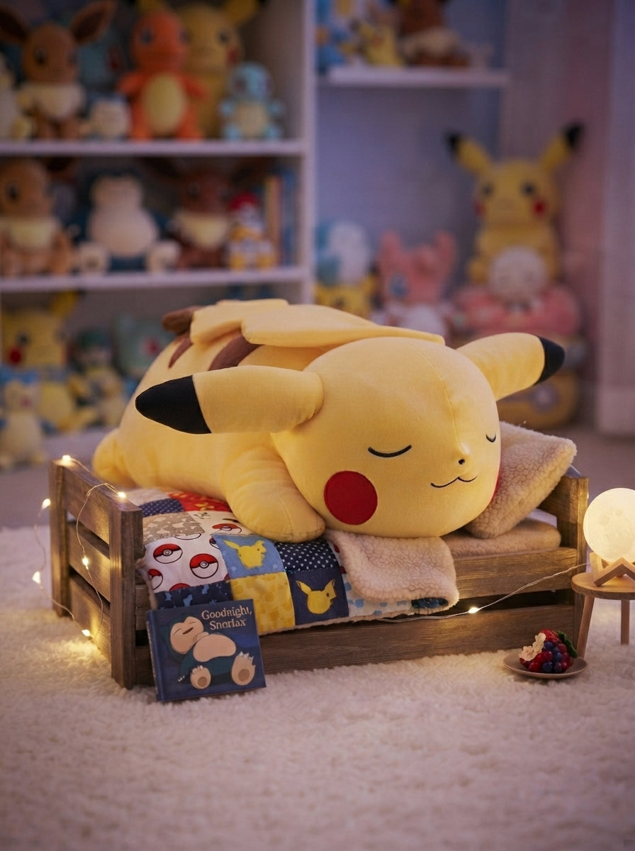 Sleeping Pikachu 18-inch plush displayed on a cosy Pokémon-themed bed