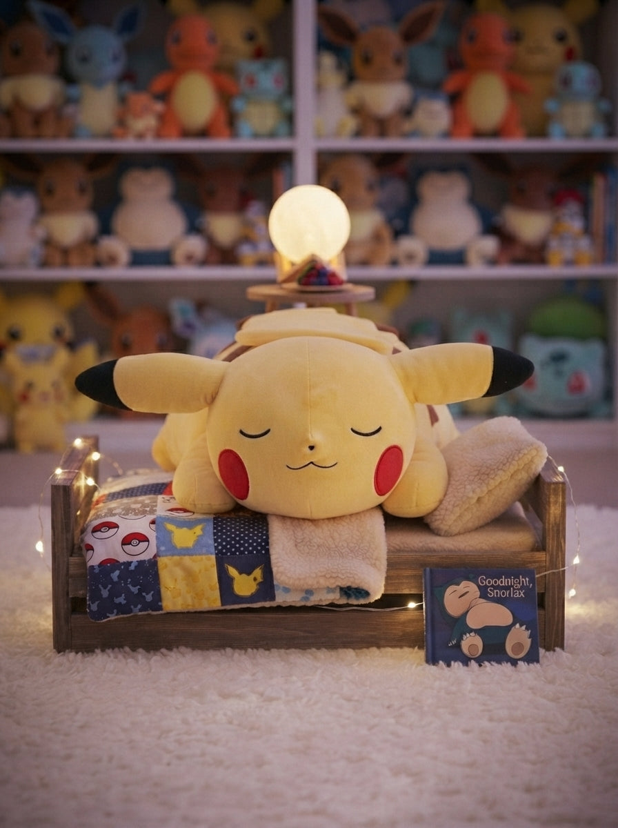 Front view of Sleeping Pikachu plush with closed eyes and signature red cheeks