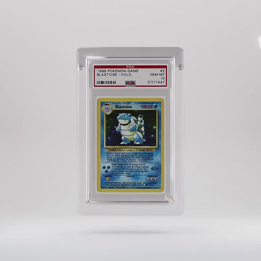 360° rotating video of the VaultifyUK acrylic display case for a single graded trading card slab, showcasing the premium clear acrylic design from every angle.