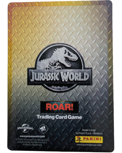 Back of Panini Jurassic World ROAR! Velociraptor Gold Dino trading card showing game information and battle statistics.