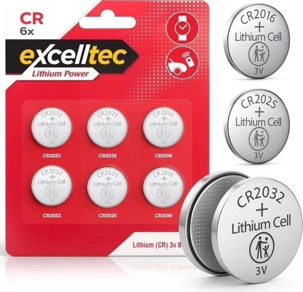 Excelltec Lithium Coin Batteries | CR2032 / CR2025 / CR2016 | 6 Pack