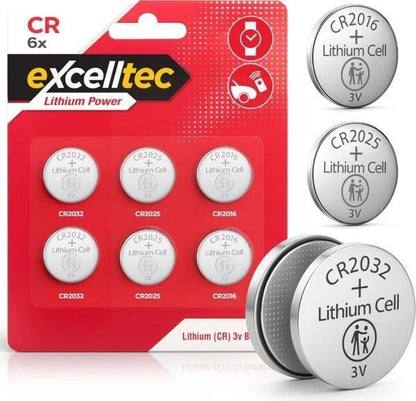 Excelltec Lithium Coin Batteries | CR2032 / CR2025 / CR2016 | 6 Pack