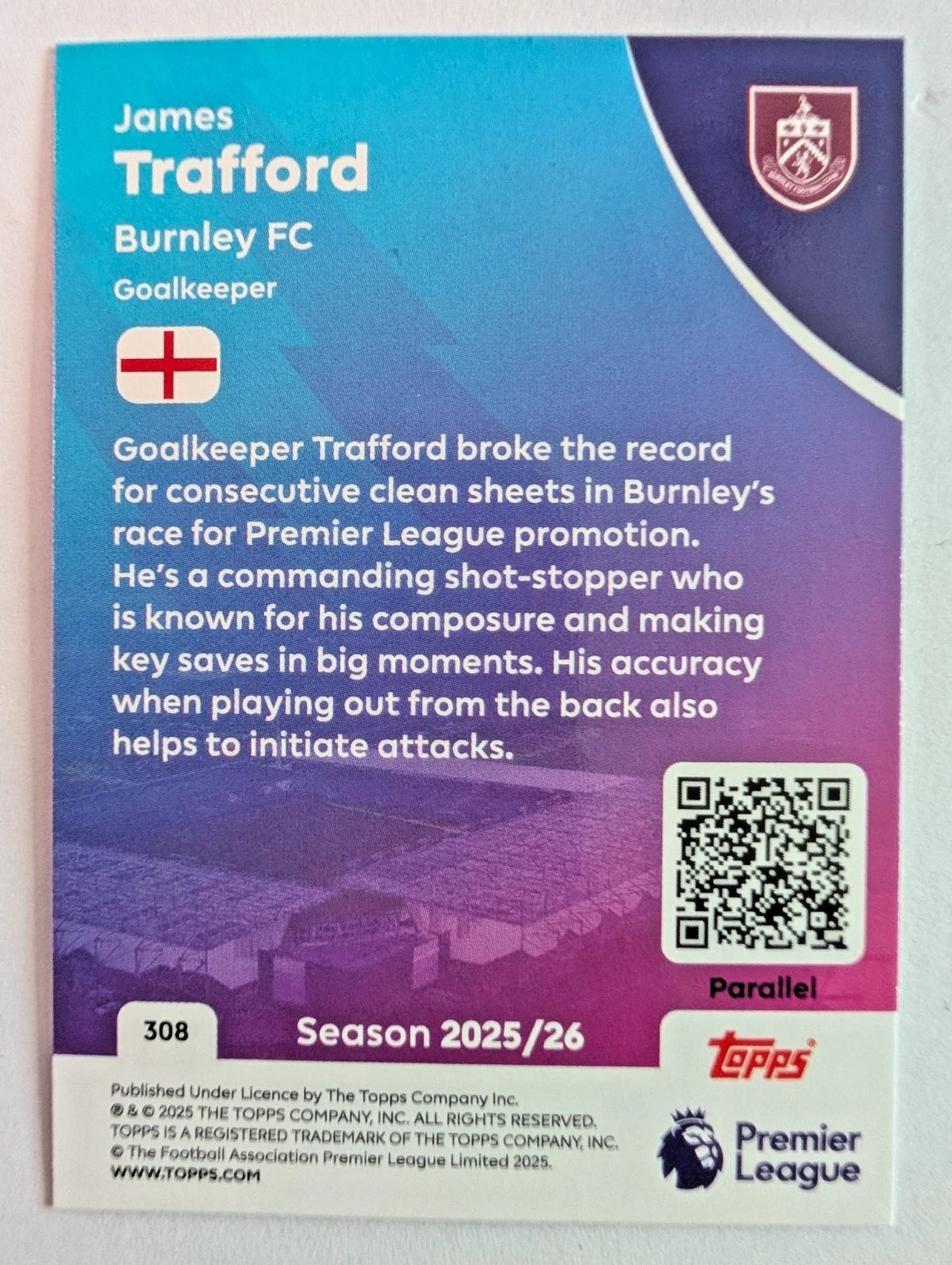 James Trafford | Pink Parallel /399 | Topps Premier League 2025/26