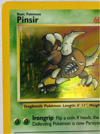 Pokémon trading card featuring Pinsir on a textured gray background