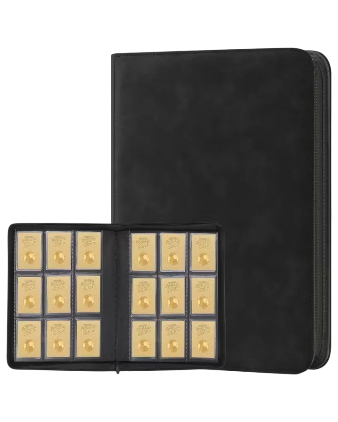 VaultifyUK black zippered trading card binder holding 288 cards in 3x4 top loaders with acid-free side-loading pages.
