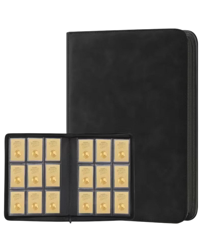VaultifyUK black zippered trading card binder holding 288 cards in 3x4 top loaders with acid-free side-loading pages.
