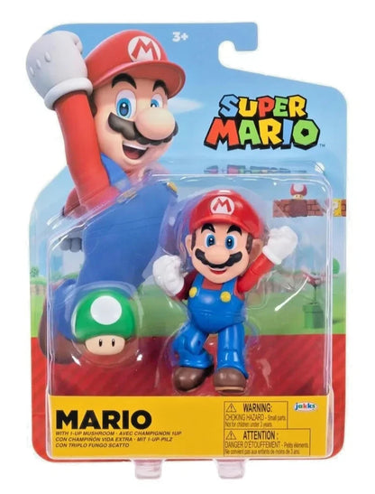 Super Mario 4" Action Figure | Mario with 1-Up Mushroom | 10cm