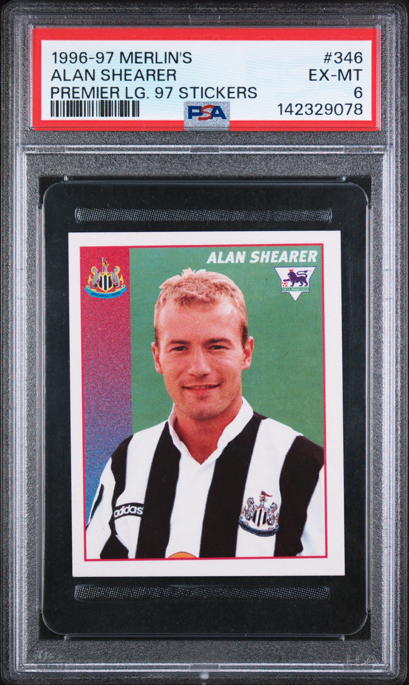 1996 Merlin | Alan Shearer #346 | Premier League Sticker | PSA 6 EX-MT