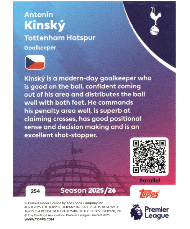 Reverse of the Topps Premier League 2025/26 Antonín Kinský Blue Parallel trading card #254 with player profile and QR code.