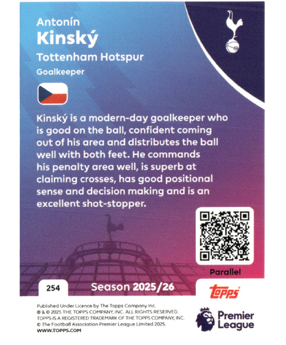 Reverse of the Topps Premier League 2025/26 Antonín Kinský Blue Parallel trading card #254 with player profile and QR code.