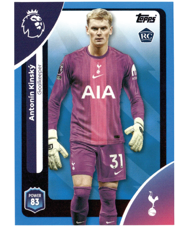 Topps Premier League 2025/26 Antonín Kinský Blue Parallel trading card #254 featuring the Tottenham Hotspur goalkeeper rookie card.