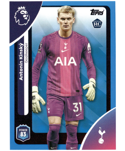 Topps Premier League 2025/26 Antonín Kinský Blue Parallel trading card #254 featuring the Tottenham Hotspur goalkeeper rookie card.
