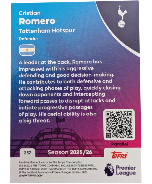 Topps Premier League 2025/26 Cristian Romero #257 Green Parallel — reverse