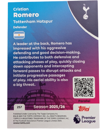 Topps Premier League 2025/26 Cristian Romero #257 Green Parallel — reverse