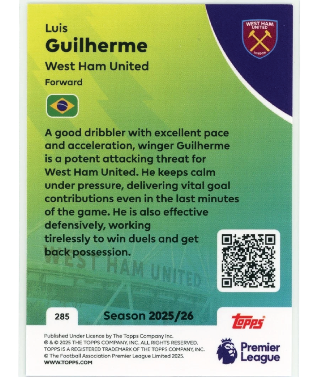 Topps Premier League 2025/26 Luis Guilherme #285 rookie card — reverse