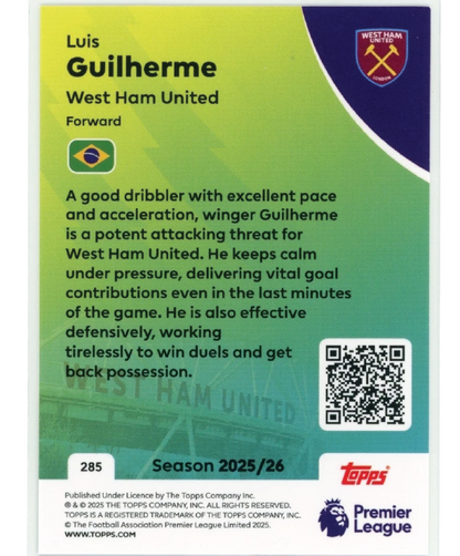 Topps Premier League 2025/26 Luis Guilherme #285 rookie card — reverse