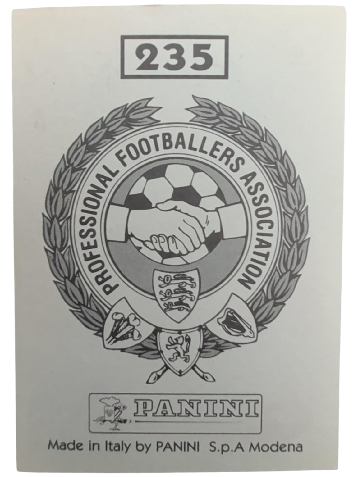 VaultifyUK 1996 Panini PFA Collection sticker featuring the Professional Footballers Association logo and number 235