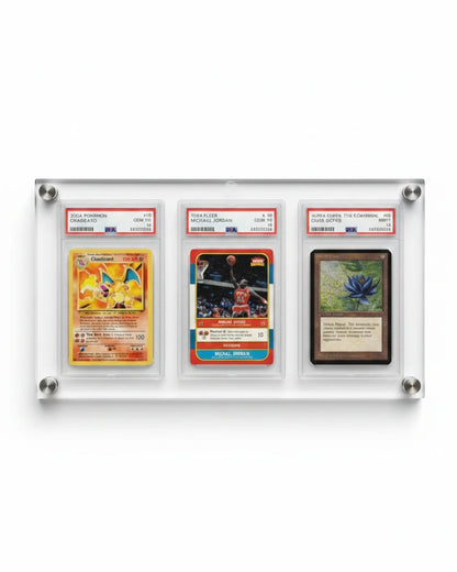 VaultifyUK 3-slab acrylic wall display frame holding three graded PSA trading card slabs side by side on metal standoffs