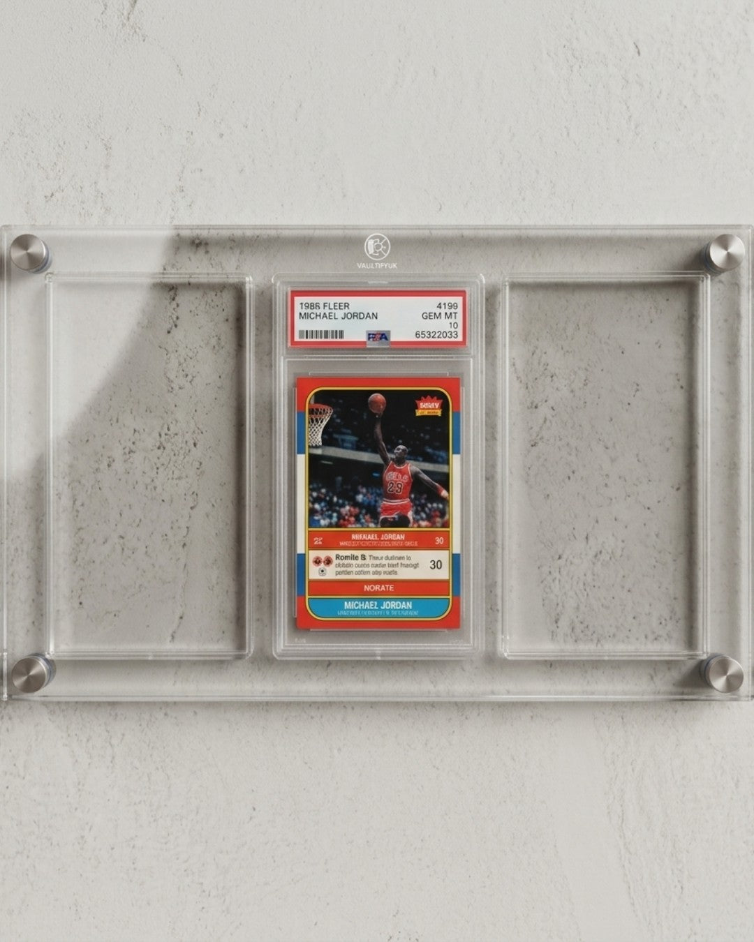 VaultifyUK 3-slab acrylic wall display frame with a Michael Jordan PSA graded card mounted on metal standoffs