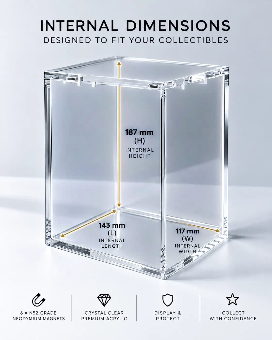 VaultifyUK clear acrylic display case for collectibles with magnetic lid and internal dimension labels