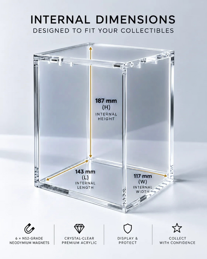 VaultifyUK clear acrylic display case for collectibles with magnetic lid and internal dimension labels