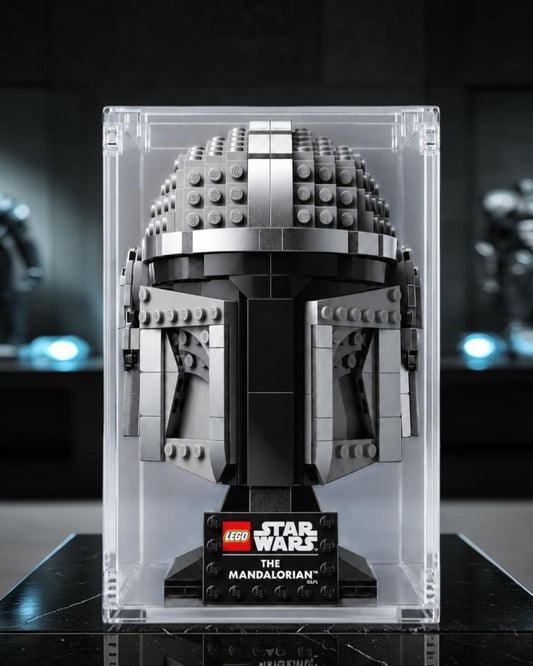 VaultifyUK clear acrylic display case protecting a grey LEGO Star Wars Mandalorian helmet collectible figure