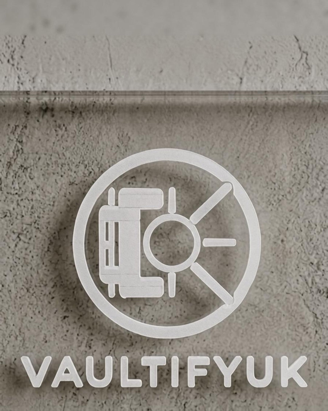 VaultifyUK logo etched on clear diamond-polished acrylic wall display frame for graded trading card slabs