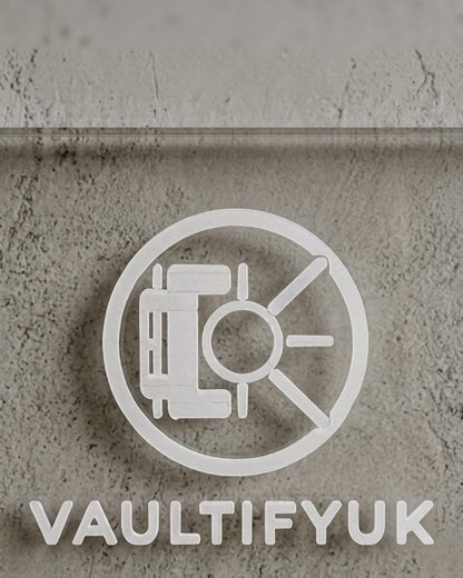 VaultifyUK logo etched on clear diamond-polished acrylic wall display frame for graded trading card slabs