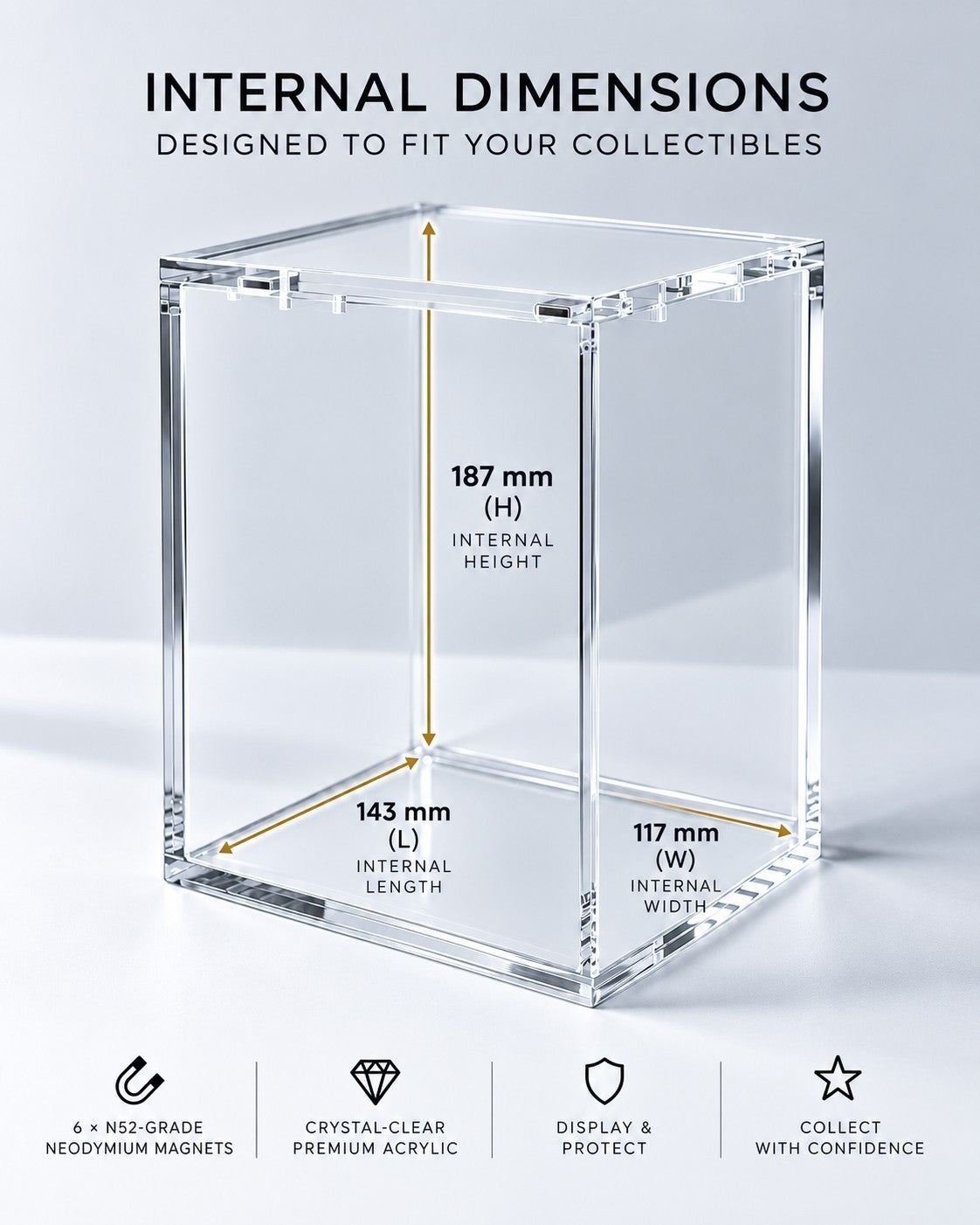 VaultifyUK crystal-clear acrylic display case for Funko Pop! Premium figures with internal dimension labels