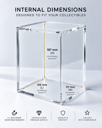 VaultifyUK crystal-clear acrylic display case for Funko Pop! Premium figures with internal dimension labels