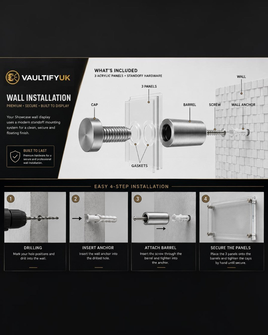 VaultifyUK 3-slab acrylic wall display frame installation guide showing standoff hardware and 4-step mounting process