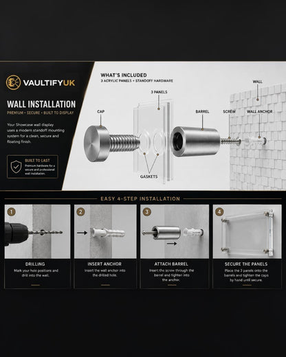 VaultifyUK 3-slab acrylic wall display frame installation guide showing standoff hardware and 4-step mounting process