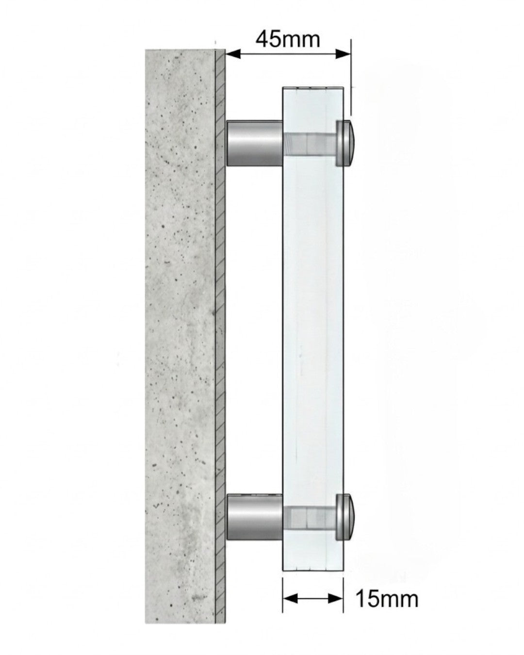 Side profile diagram of VaultifyUK 3-Slab Acrylic Wall Display Frame showing 45mm standoff depth and 15mm frame width.